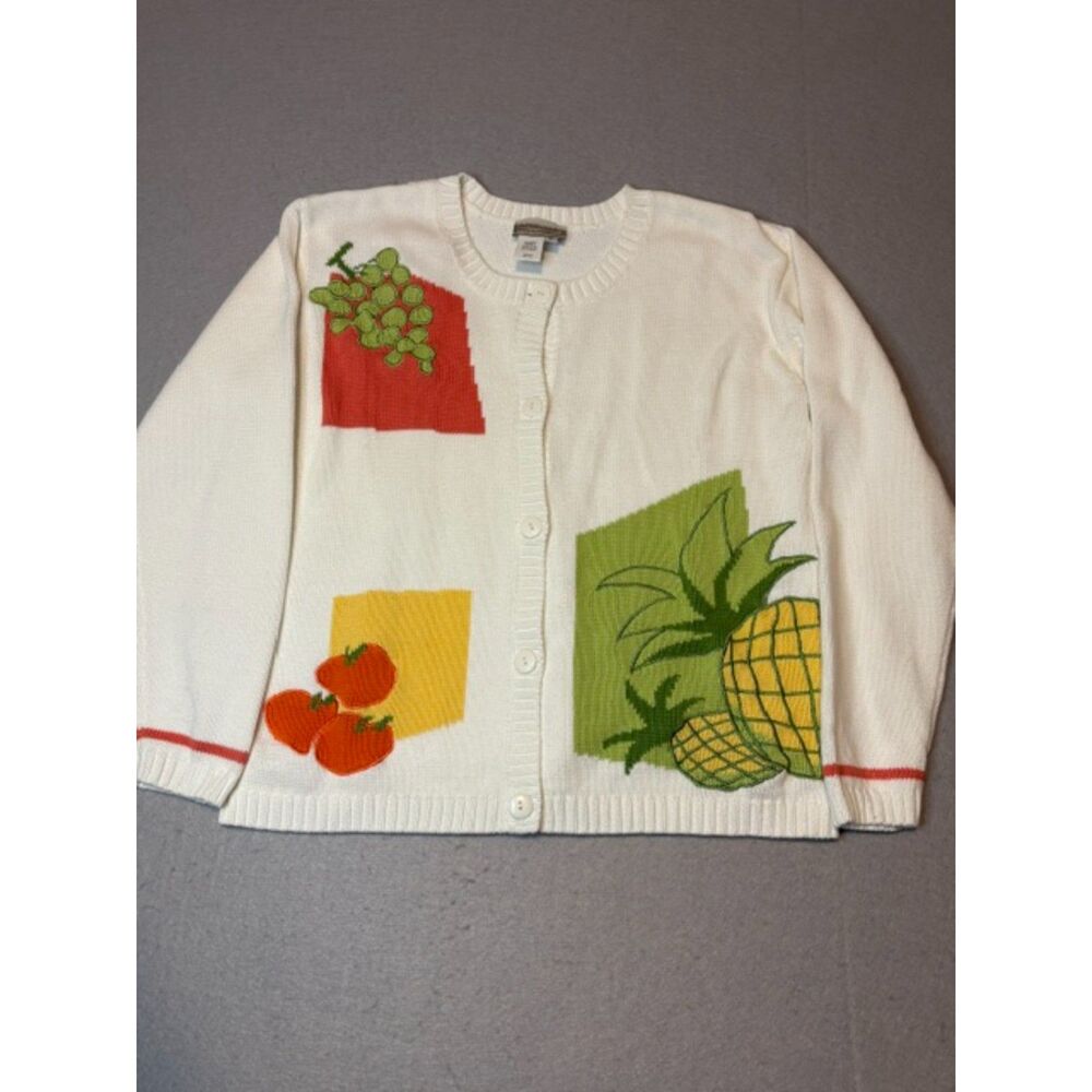 Vintage Coldwater Creek Embroidered Fruit Fall Button Down Cardigan Small
